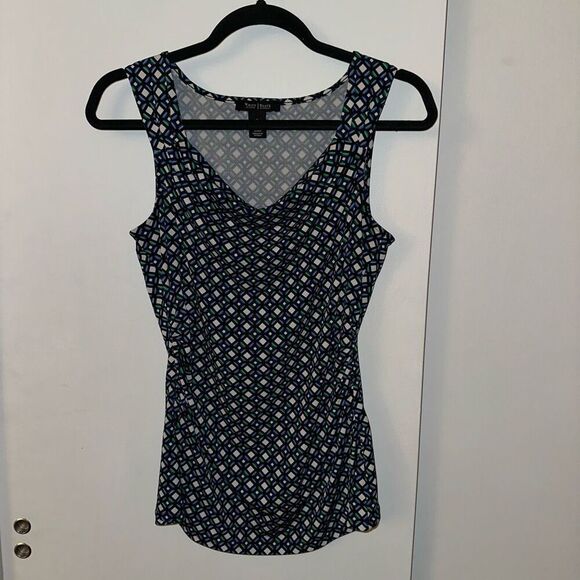 WHBM Women’s Tank Top Blouse Black Green Blue White Pattern Small EUC - Picture 1 of 9